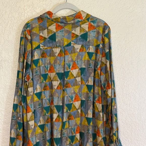 JOHN MARK Patchwork Geometric Floral Print Long Sleeve Shirt Dress Size L Birds - Picture 7 of 16